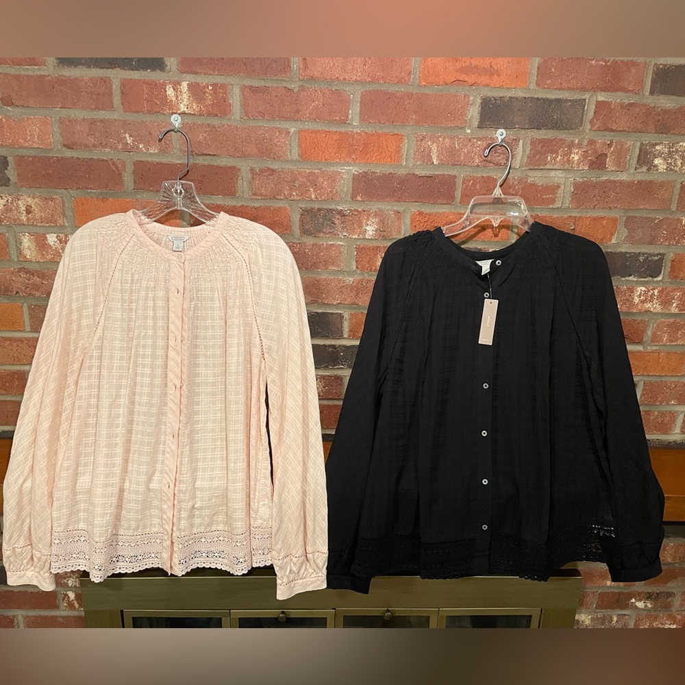 J Crew Point Sur Windowpane Cotton Viole Peach & Black Peasant Tops - L